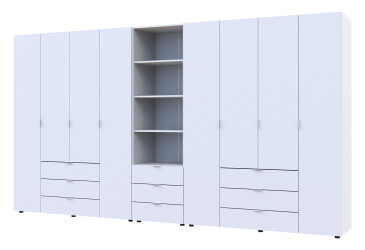 Фото Шкаф Doros Гелар 4+4 ДСП 8-дверная с ящиками и пеналом с открытыми полками 370 см Белый