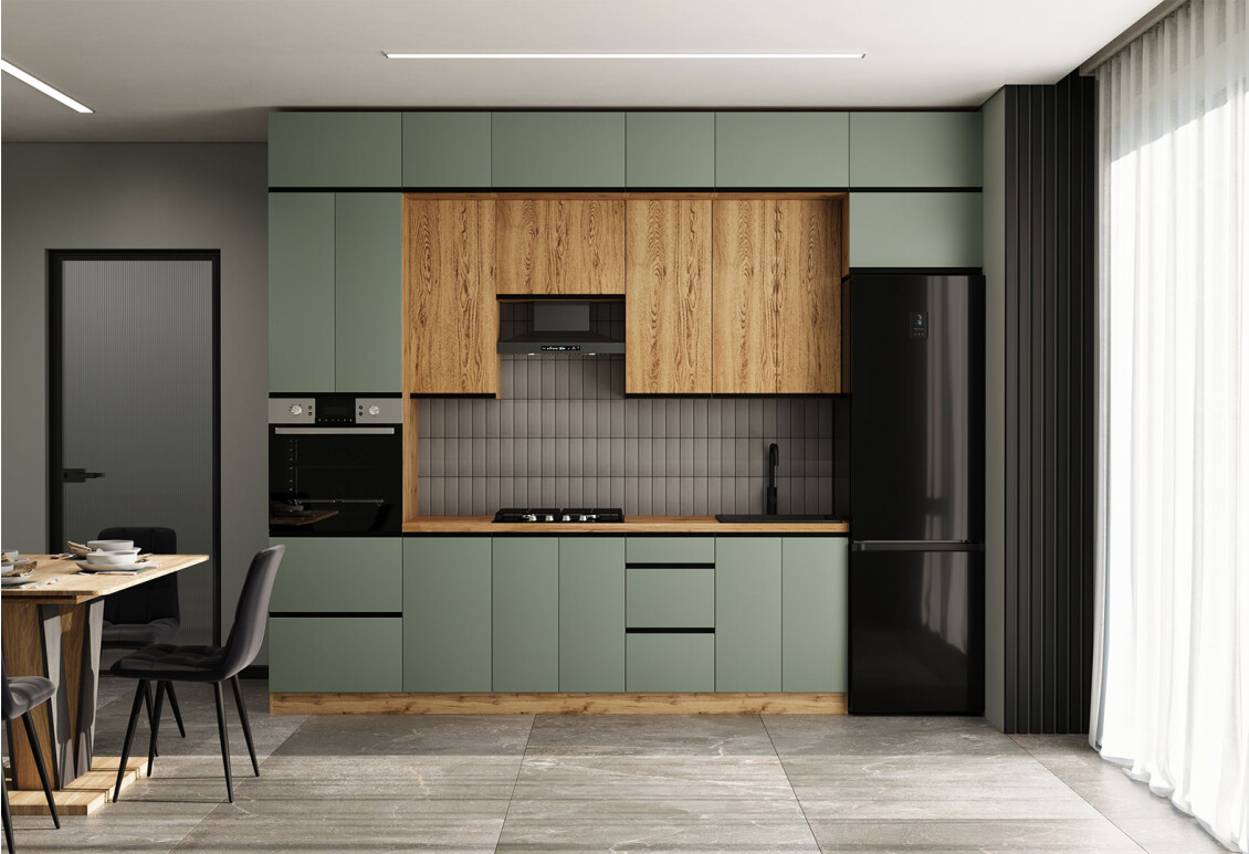 Фото Кухня VIP-master Прайм Люкс / Лори Люкс 320 см, зеленый матовый / дуб старый V