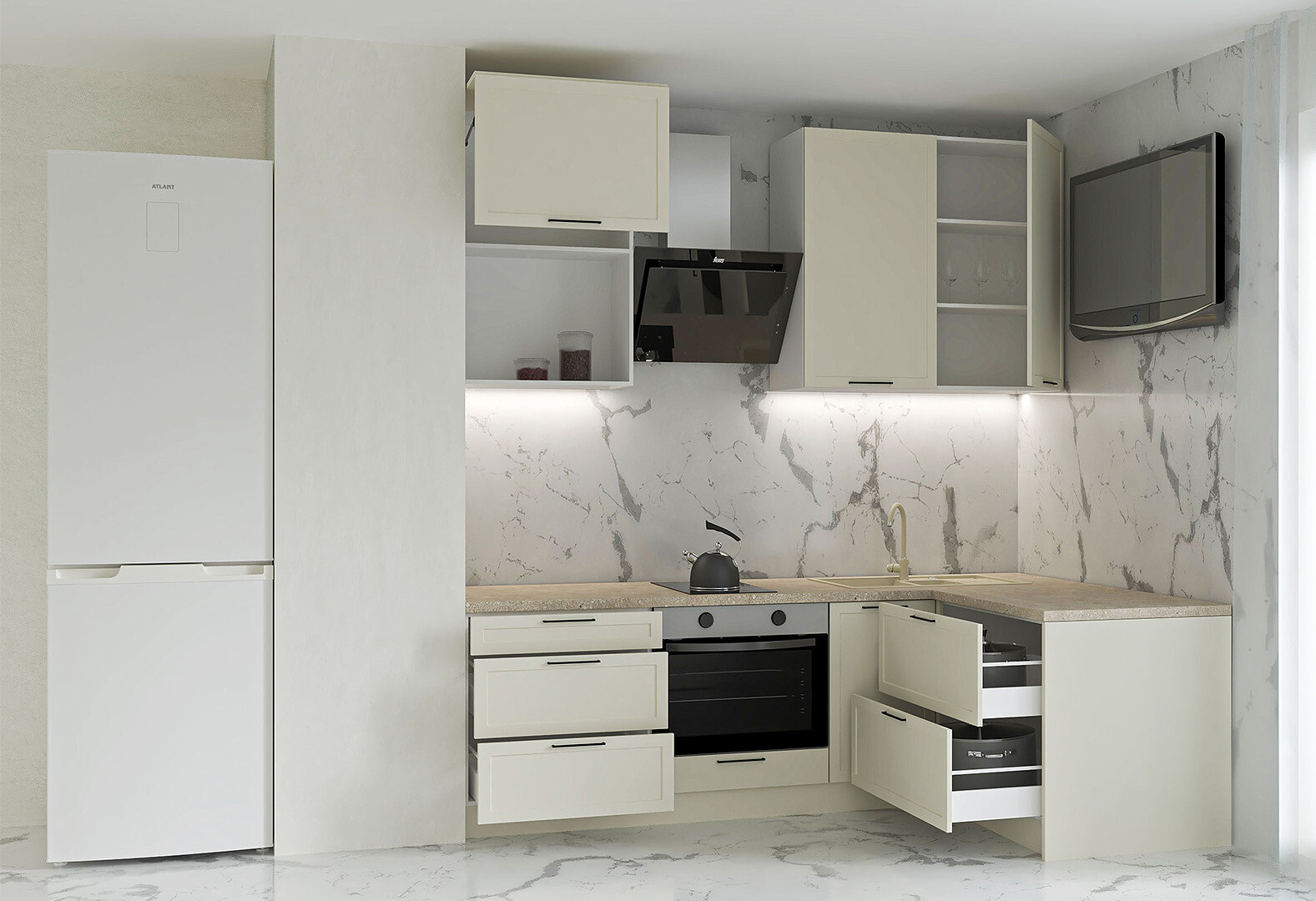 Фото 2 - Кухня МироМарк Винтаж / Vintage 220х140 см полумат слоновая кость RAL 1013