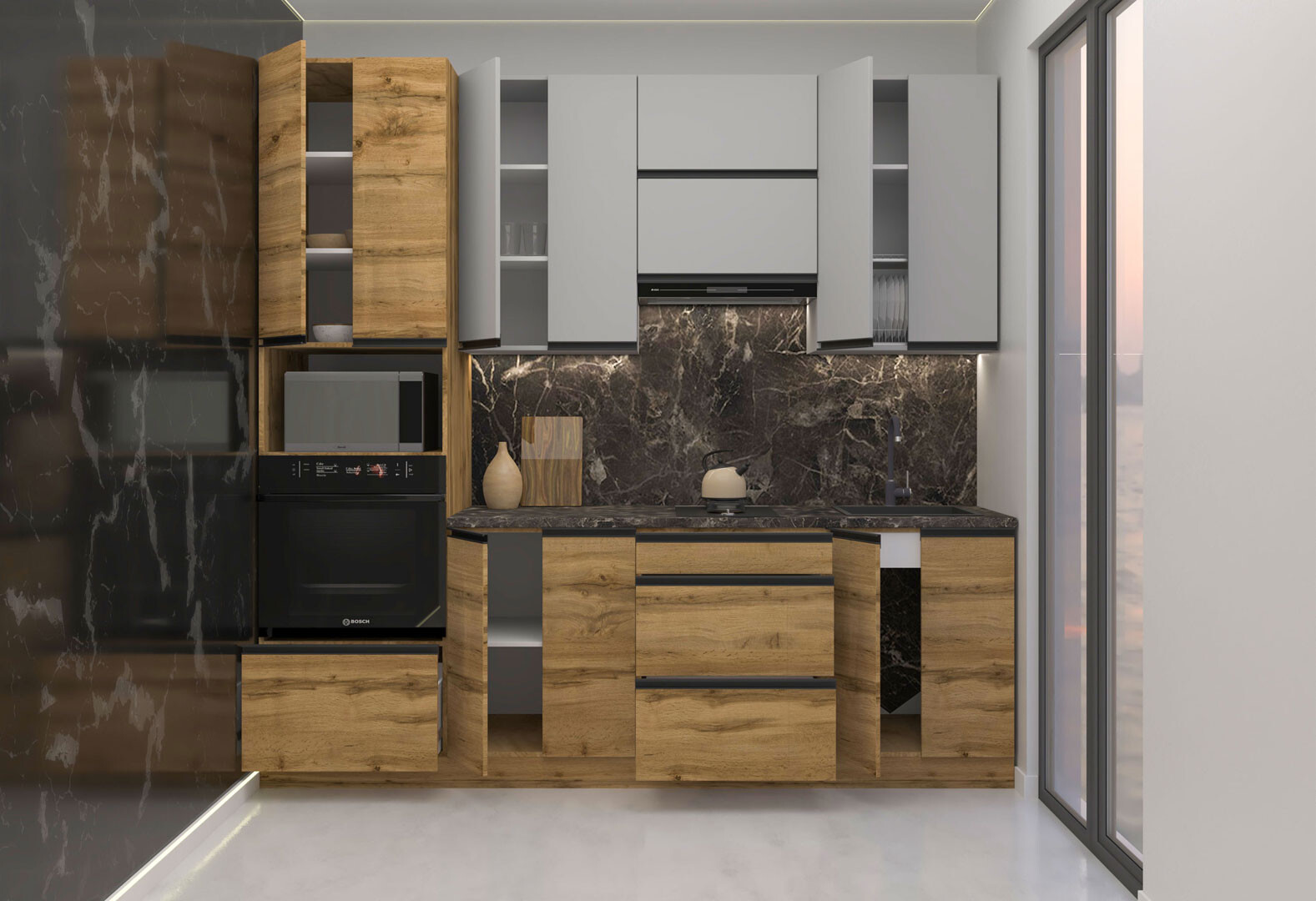 Фото 2 - Кухня Вип-мастер ГаМа / GaMa Люкс 240 см, серый / дуб аппалачи