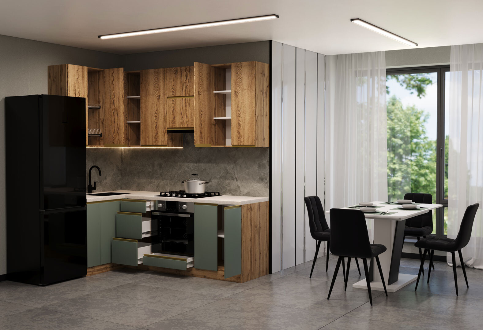 Фото 2 - Кухня VIP-master Лори Люкс верх + Прайм Люкс низ 2.2х1.2 м, дуб старый V / зеленый матовый