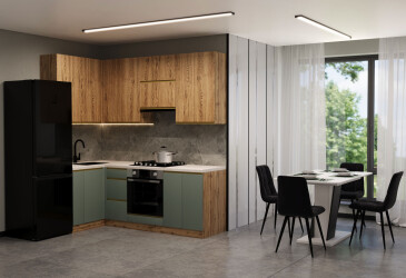 Фото Кухня VIP-master Лори Люкс верх + Прайм Люкс низ 2.2х1.2 м, дуб старый V / зеленый матовый