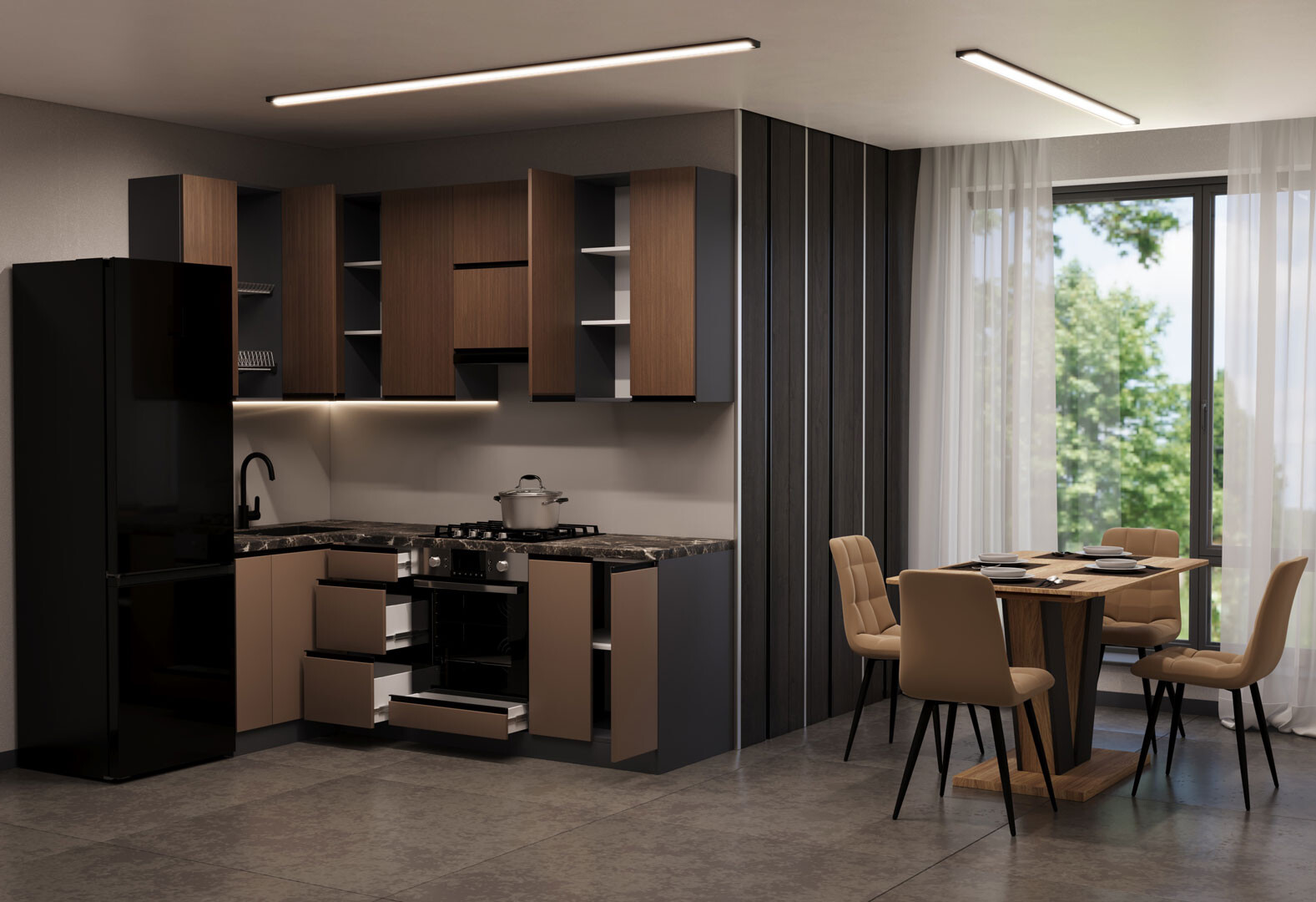 Фото 2 - Кухня VIP-master Лори Люкс верх + Прайм Люкс низ 2.2х1.2 м, орех браун V / коричневый