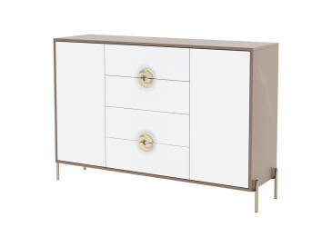 Фото Комод Svit Mebliv Фуриоза 2-дверный с 4 ящиками 140 см, Глиняный серый, лак / Белый шелк