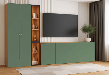 Фото Стенка в гостиную Svit Mebliv Спейс с витриной и комодами 280 см, зелёный дымчастый
