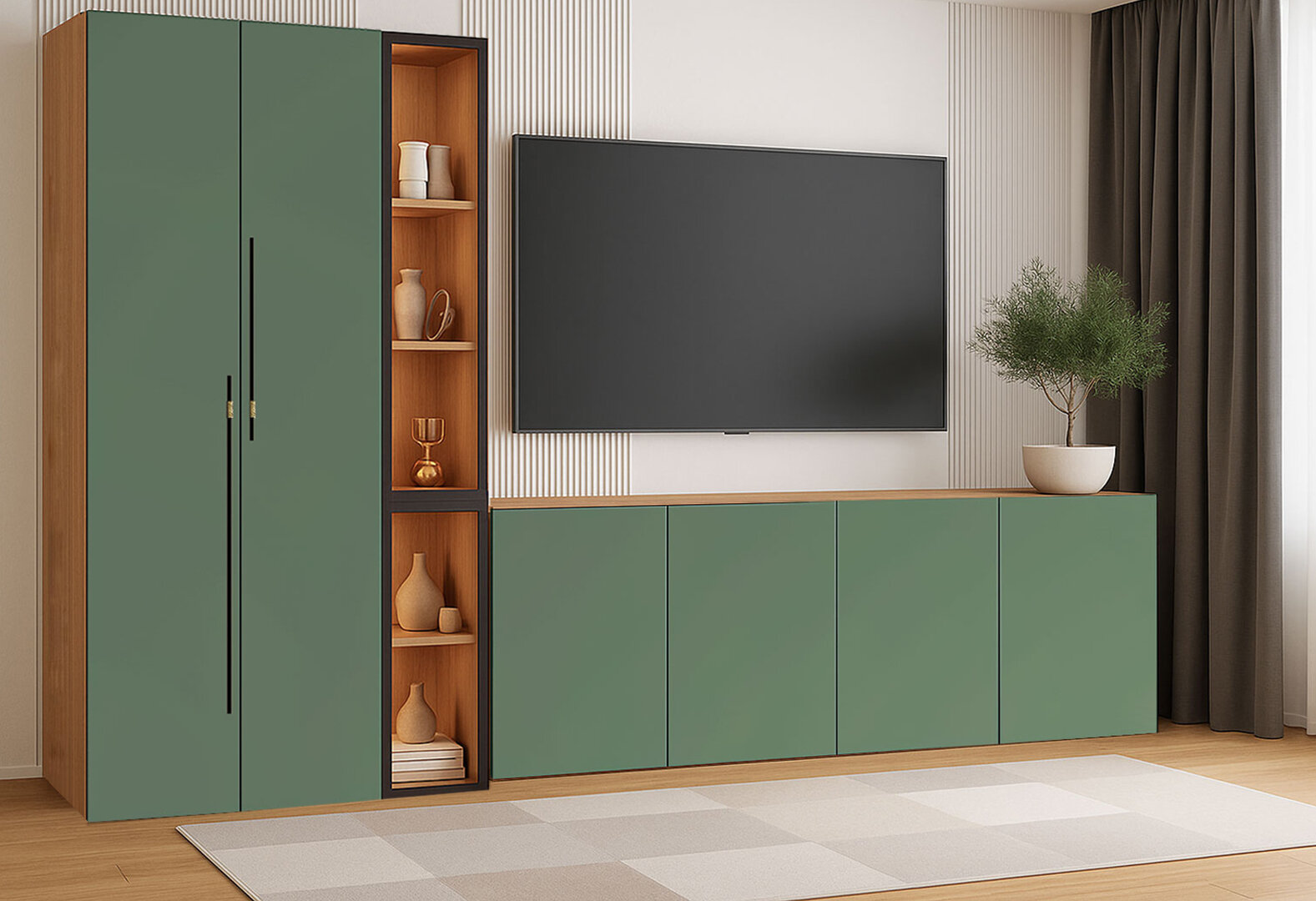 Фото 1 - Стенка в гостиную Svit Mebliv Спейс с витриной и комодами 280 см, зелёный дымчастый