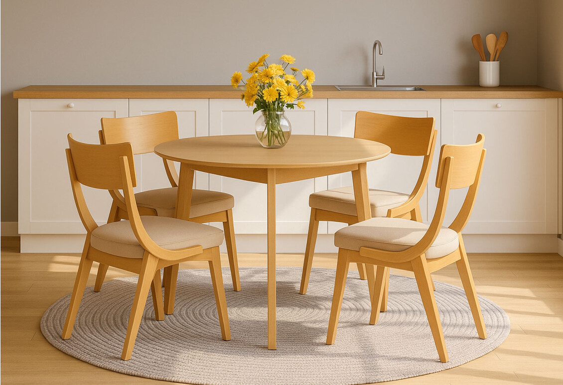 Фото Стіл обідній Марс круглий 100+40 natural, розкладний + Стілець Діран натуральний/Мустанг крем 4 шт.