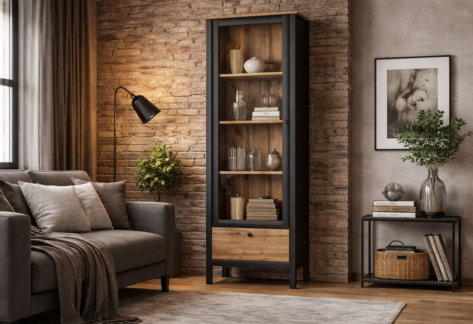 Фото 2 - Витрина Kredens furniture Loft / Лофт 1w1s однодверная 61 см, дуб вотан / черный