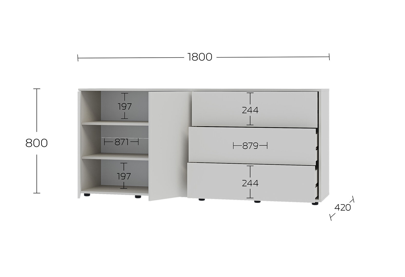 Фото 6 - Комод 180 2D_3Dr (80х180х42) с 3 ящиками и дверцей 180 см, кашемир.