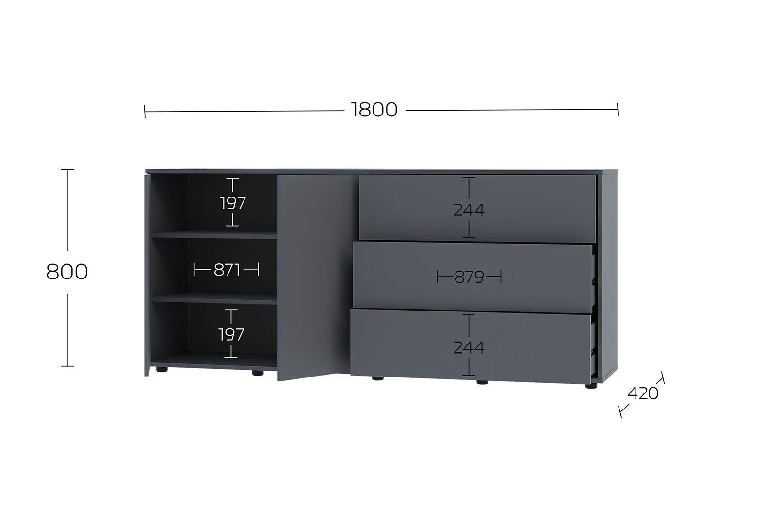 Фото 6 - Комод 180 2D_3Dr (80х180х42) з 3 шухлядами і дверцятами 180 см, графіт