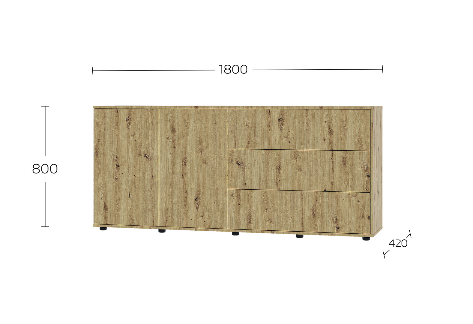 Фото 5 - Комод 180 2D_3Dr (80х180х42) з 3 шухлядами і дверцятами 180 см, дуб артизан