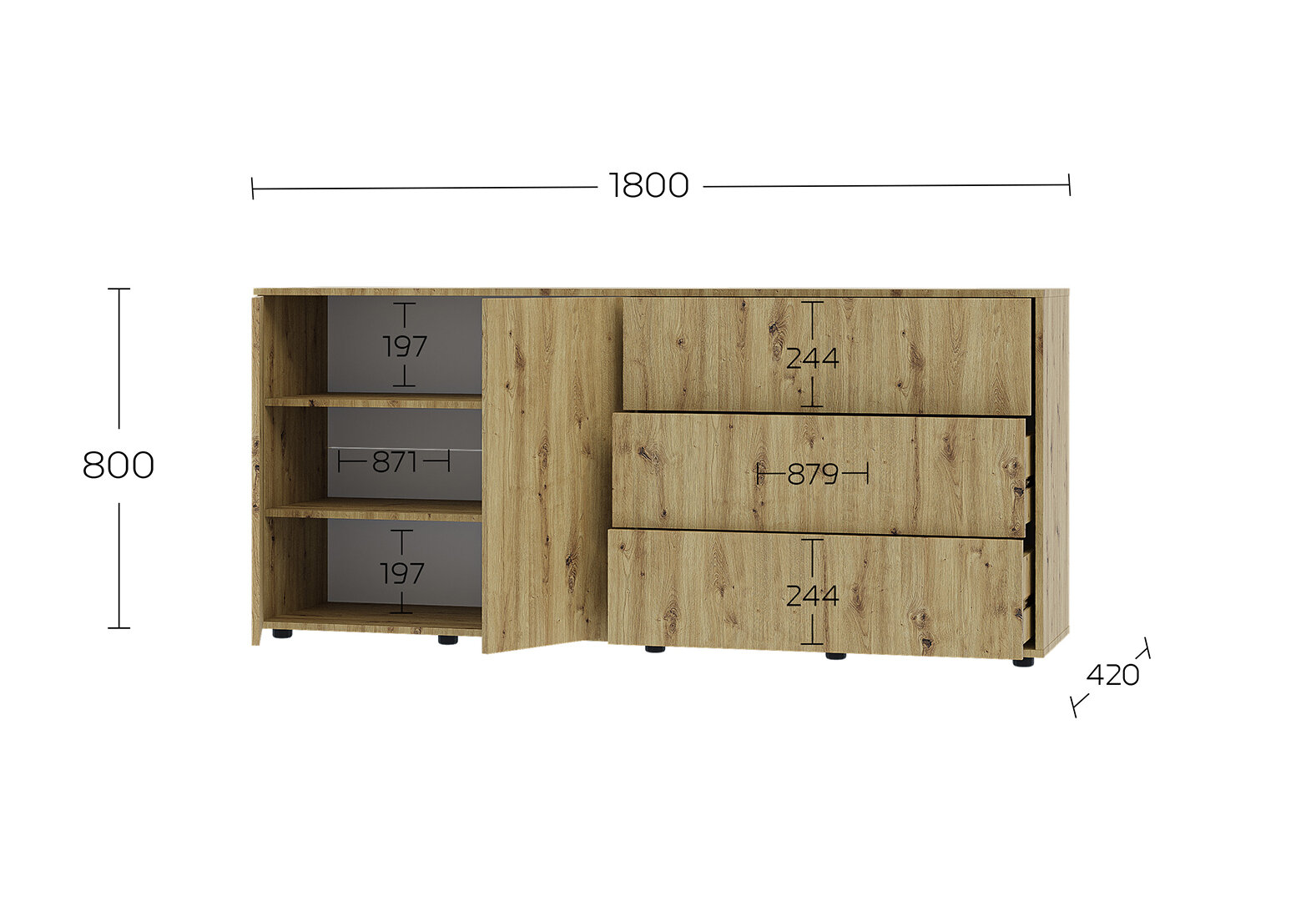 Фото 6 - Комод 180 2D_3Dr (80х180х42) з 3 шухлядами і дверцятами 180 см, дуб артизан