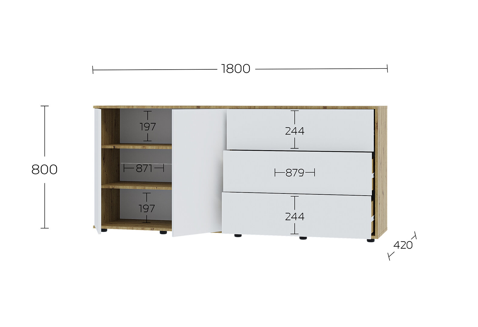 Фото 6 - Комод 180 2D_3Dr (80х180х42) с 3 ящиками и дверцей 180 см, дуб артизан / нимфея альба