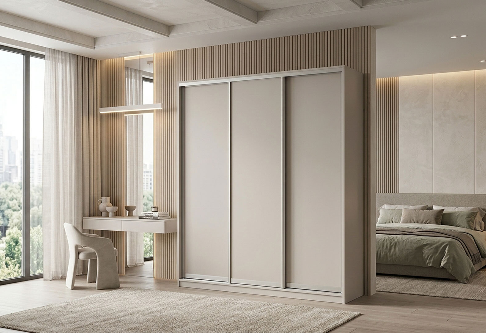 Фото 2 - Шафа-купе VIP-master 3-дверна 230х60х240 см, кашемір, профіль білий матовий