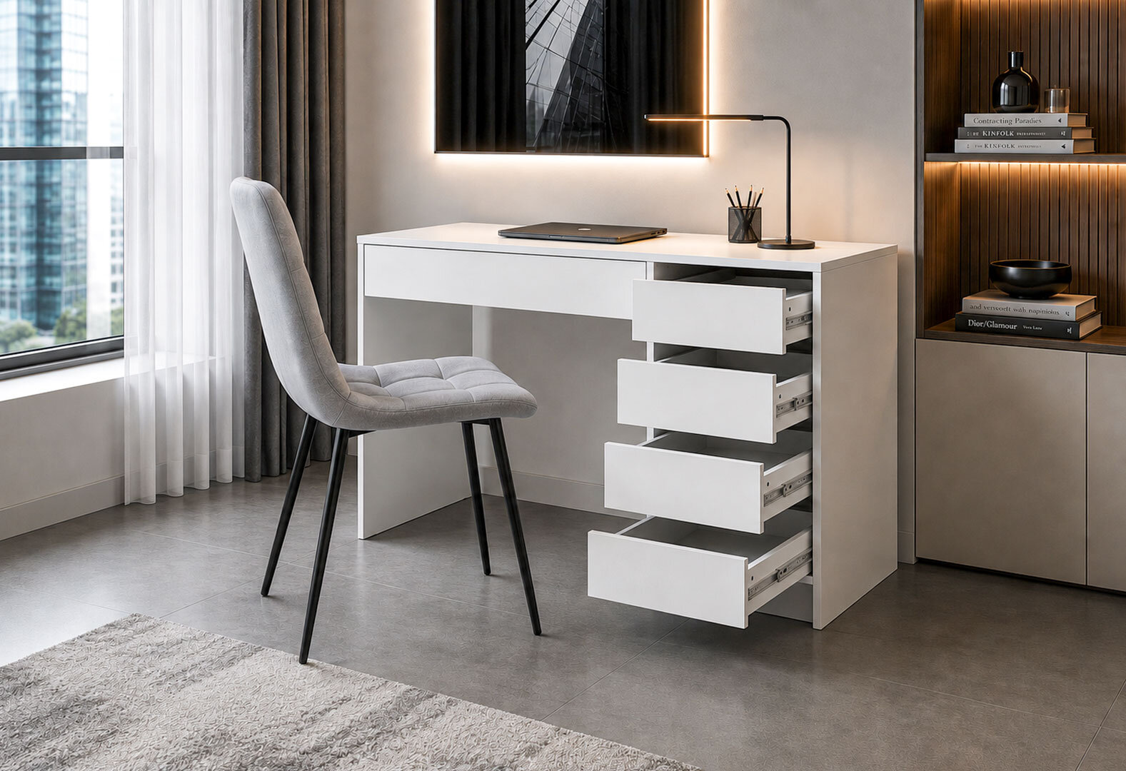 Фото 3 - Стіл письмовий Kredens furniture Ерго / Ergo 110x55 см правий з 5-ма шухлядами Білий з кріслом Тед F1 New Light Grey