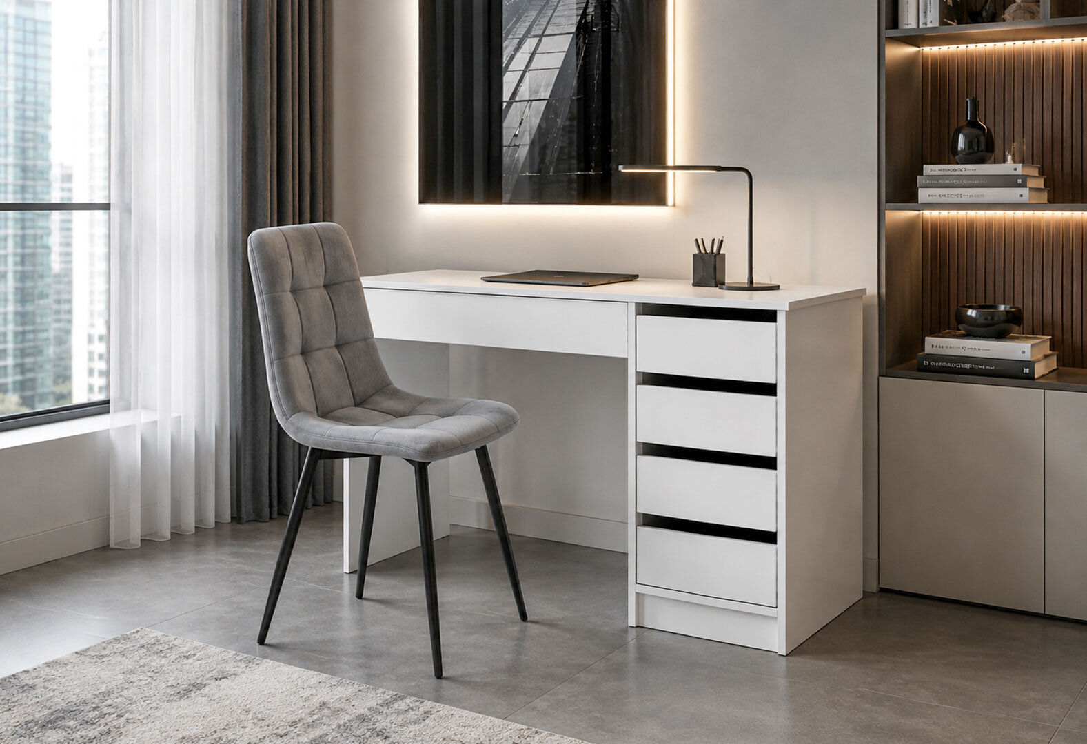Фото 2 - Стіл письмовий Kredens furniture Ерго / Ergo 110x55 см правий з 5-ма шухлядами Білий з кріслом Тед F1 New Light Grey