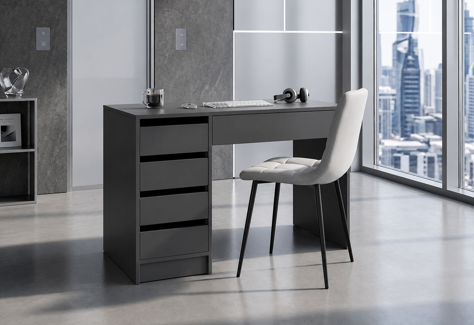 Фото 2 - Стіл письмовий Kredens furniture Ерго / Ergo 110x55 см лівий з 5-ма шухлядами Графіт з кріслом Тед F1 New Light Grey