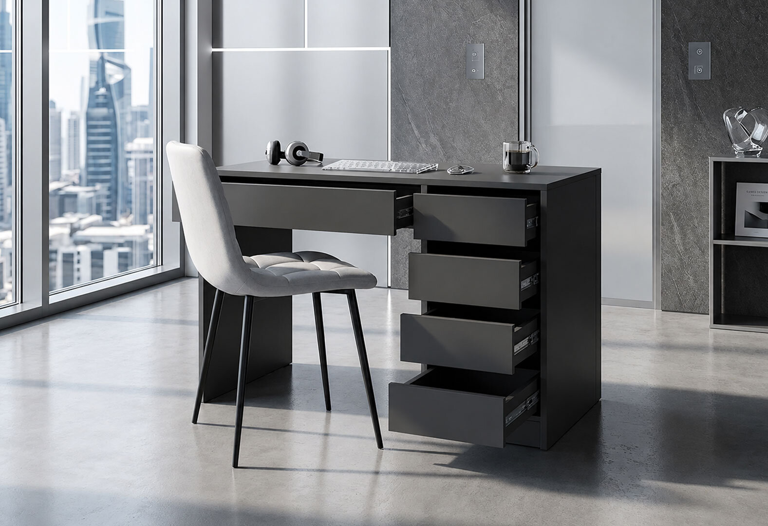 Фото 3 - Стіл письмовий Kredens furniture Ерго / Ergo 110x55 см правий з 5-ма шухлядами Графіт з кріслом Тед F1 New Light Grey