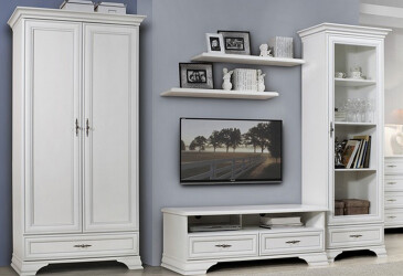 Фото Комплект стенка с витриной и шкафом ВМК Кентуки 388 см Белый