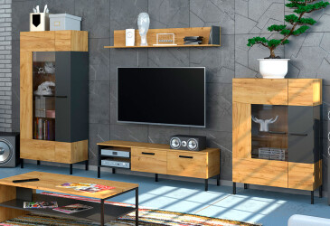 Фото Комплект стенка с витринами ВМВ Холдинг Сантес 335 см, дуб крафт золотой / антрацит