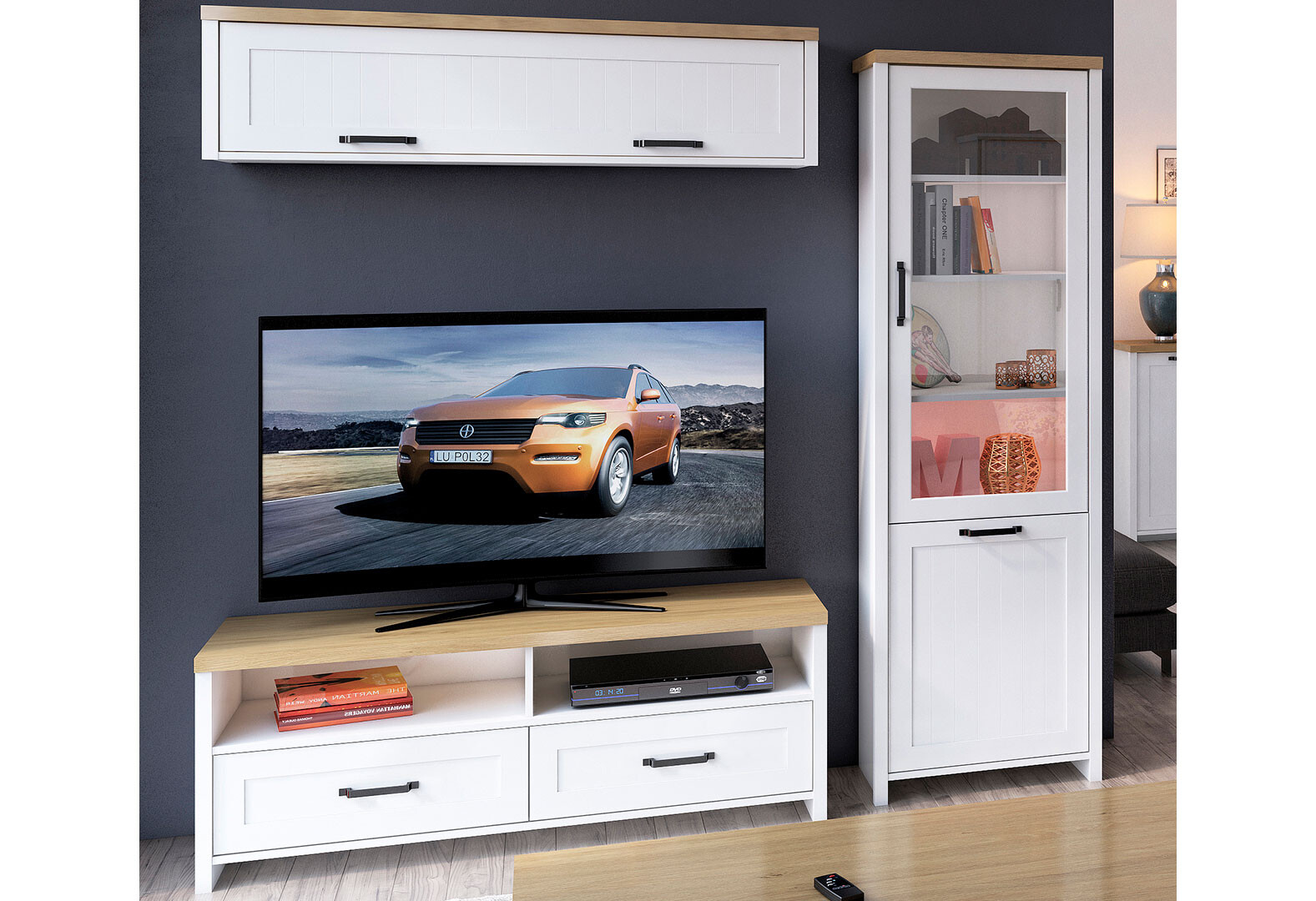 Фото 3 - Комплект стенка с витриной ВМВ Холдинг Верне 198 см Белый/Дуб каменный