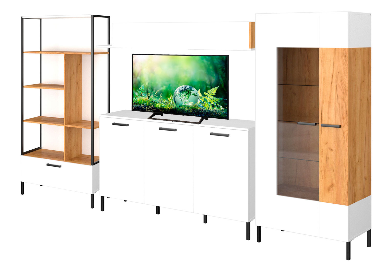 Фото 1 - Комплект стенка с витриной и стеллажом ВМВ Холдинг Сантес 335 см, белый / дуб крафт золотой