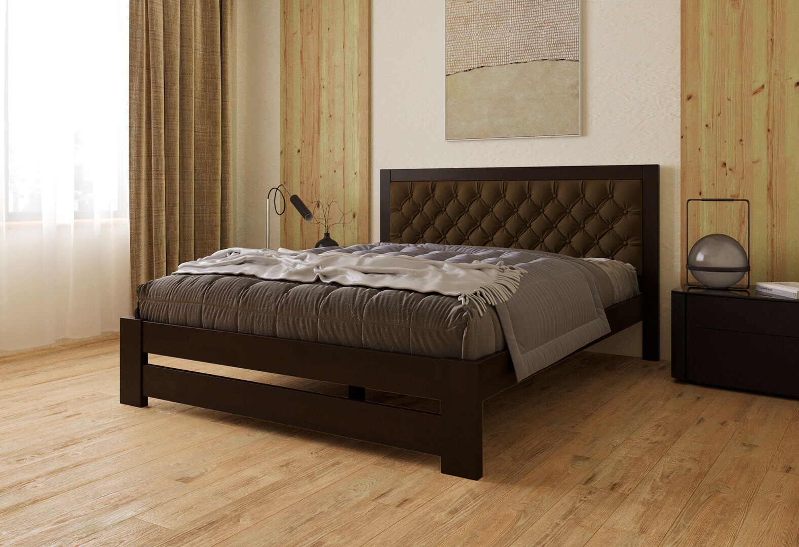 Фото 2 - Кровать Arbor Drev Симфония Люкс 180 см обивка ромб тк.Лагуна 11, орех темный