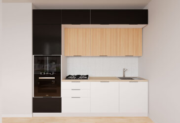 Image Кухня Мебель Стар Диплос / Diplos Blum 240 см, верх черный глянец / натуральное дерево, низ белый глянец