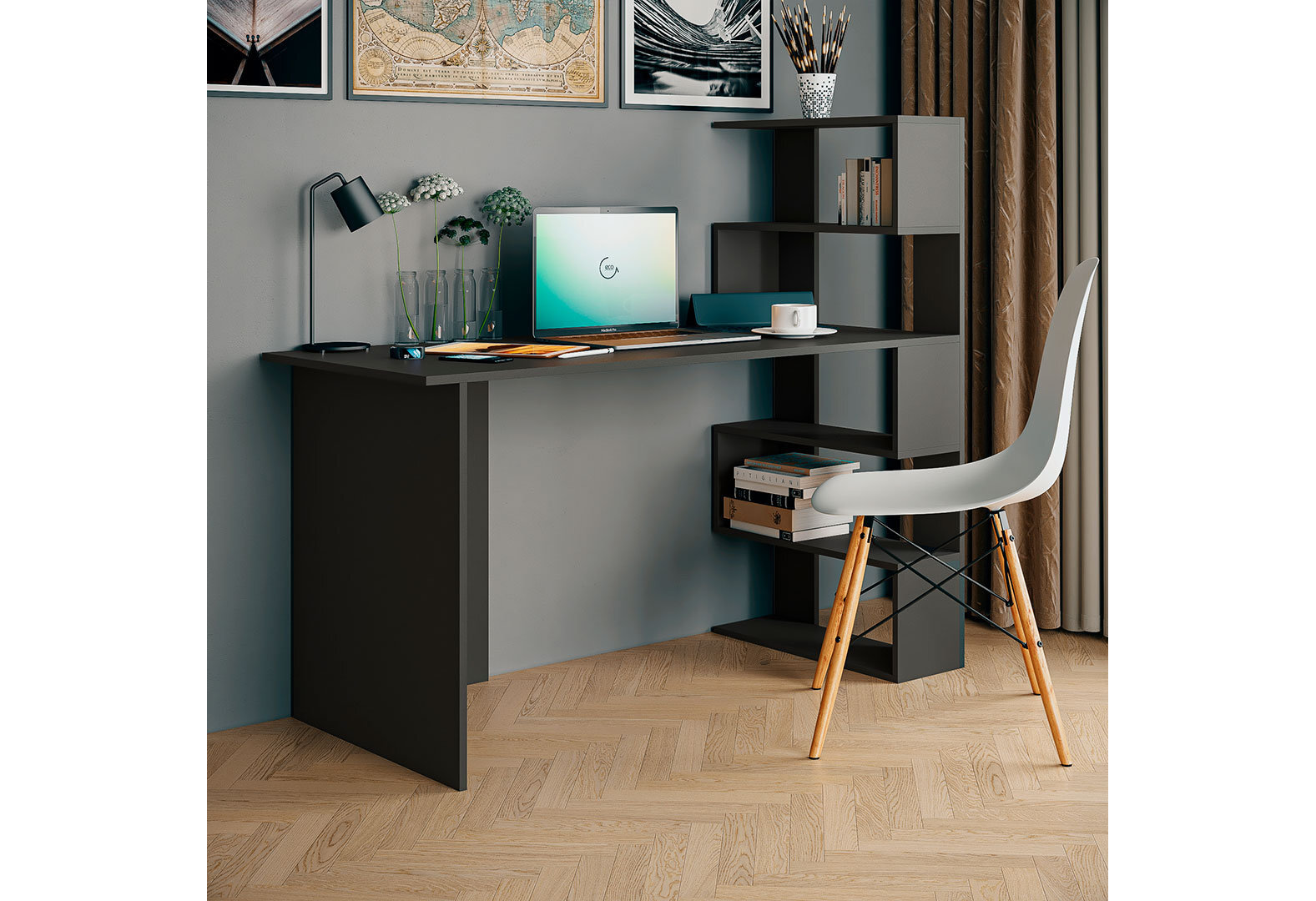 Фото 2 - Стол письменный Moreli Холд (ST0015) 142x60 см с боковыми полками справа антрацит