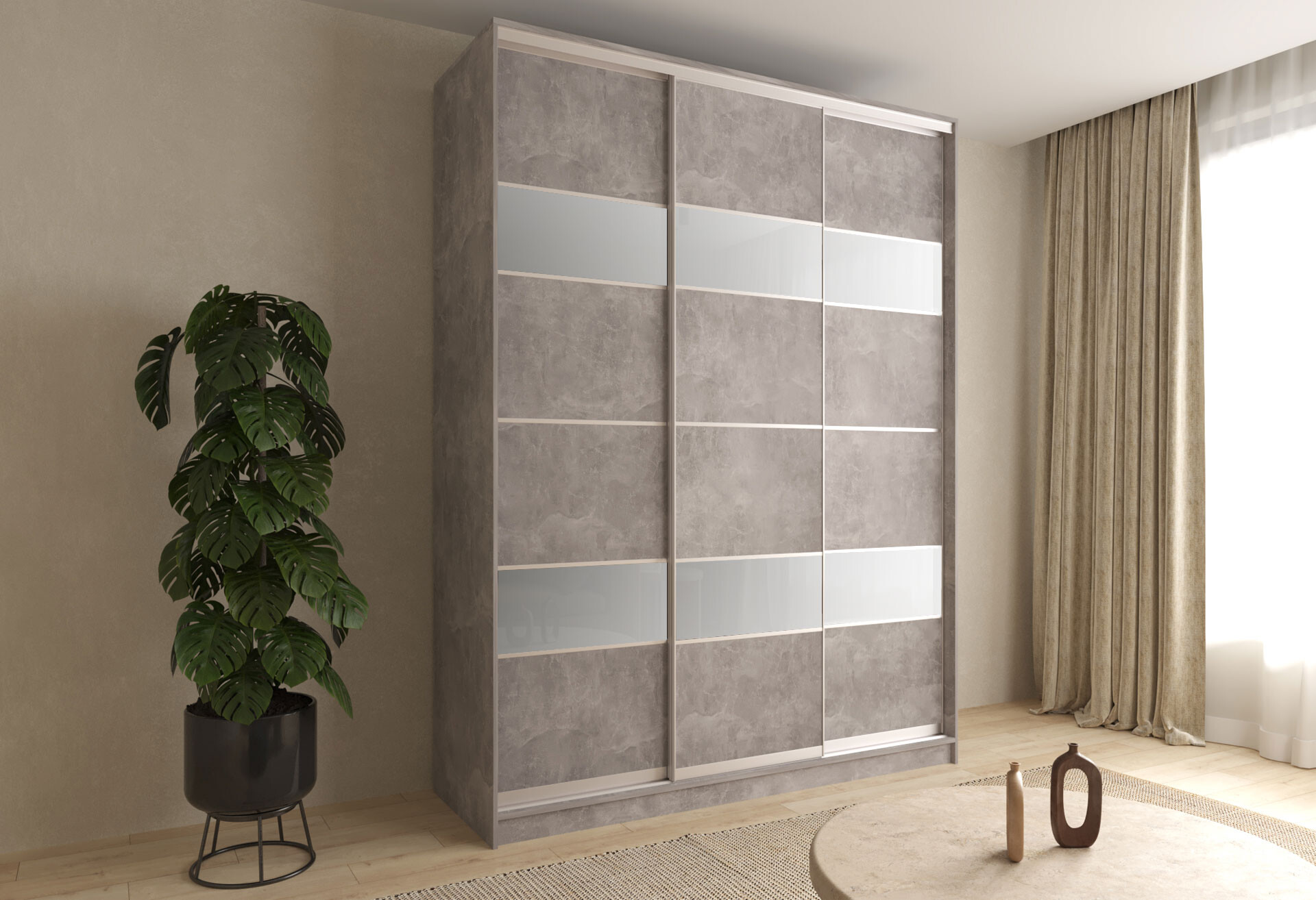 Фото 3 - Шафа-купе VIP-master 3-дверна ДСП + скло сатин 180 см Бетон, профіль AL