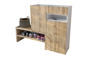 Фото Тумба для обуви Moreli RS-4 с дверцами, полками и ящиком 85 см белый / дуб аппалачи